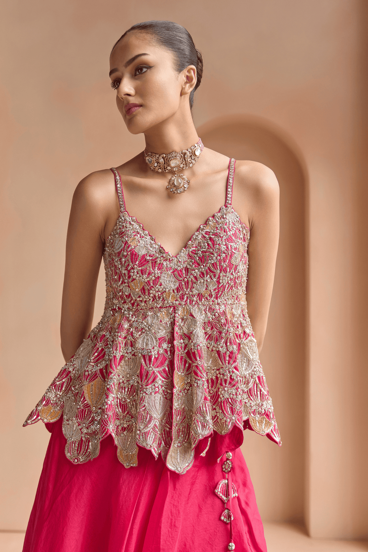 Cut Ruby Embroidered Peplum and Skirt Set
