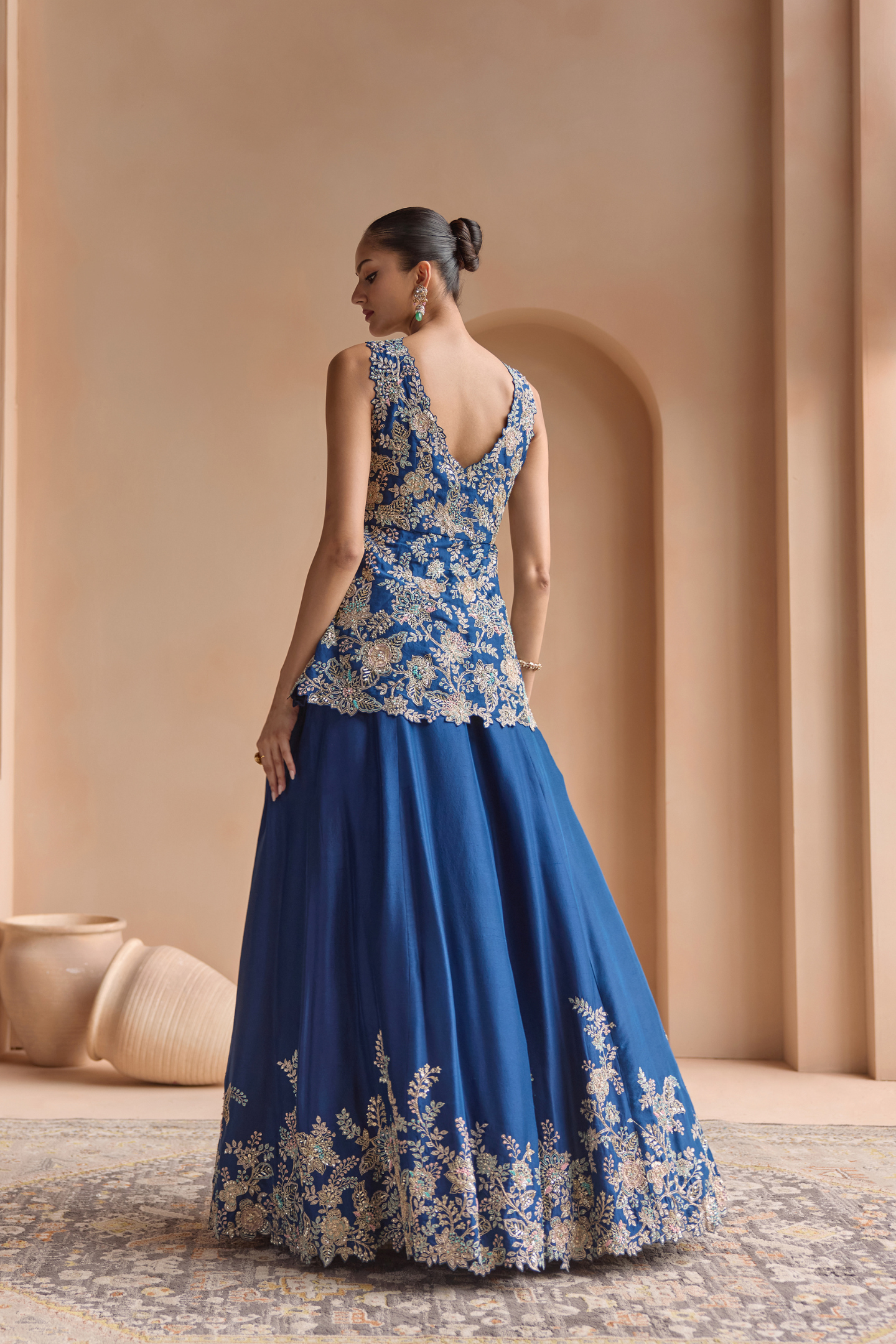 French Navy Embroidered Peplum Lehenga Set
