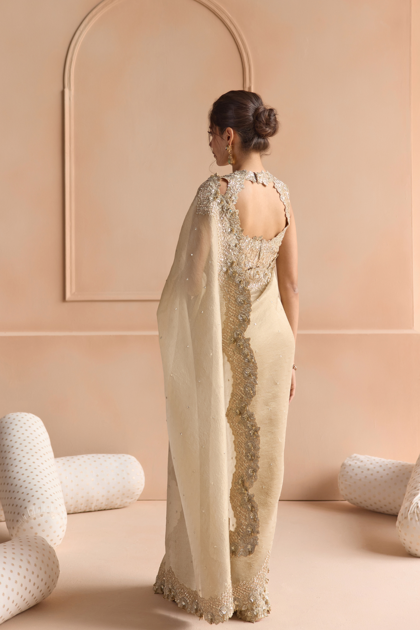 Beige Champagne Tissue Saree Set