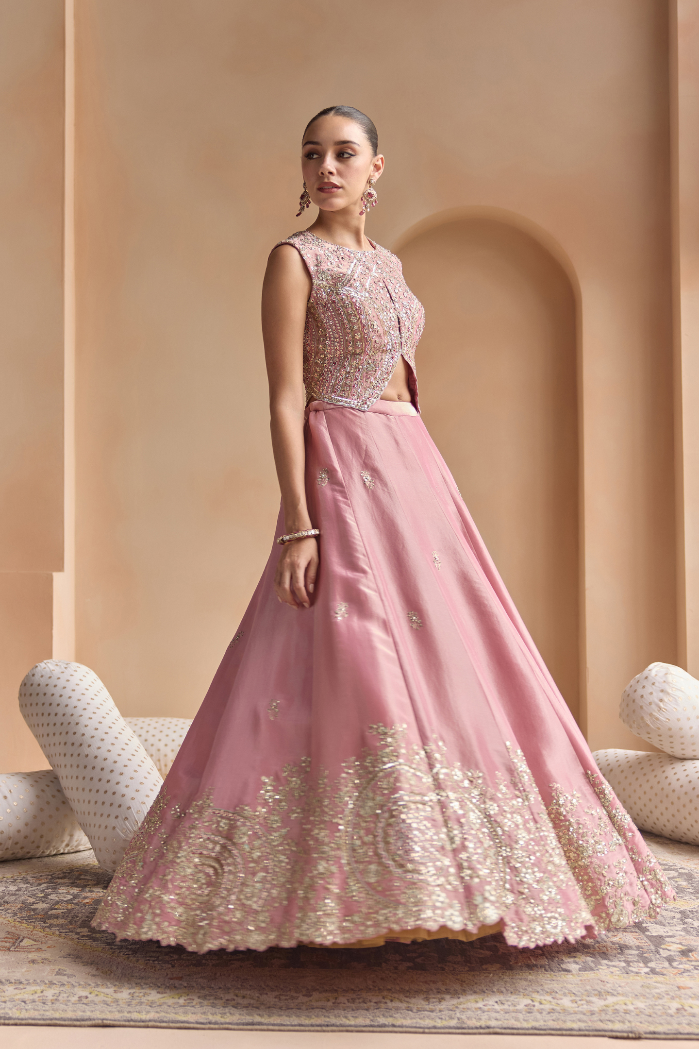 Soft Berry Embroidered Tissue Lehenga Set