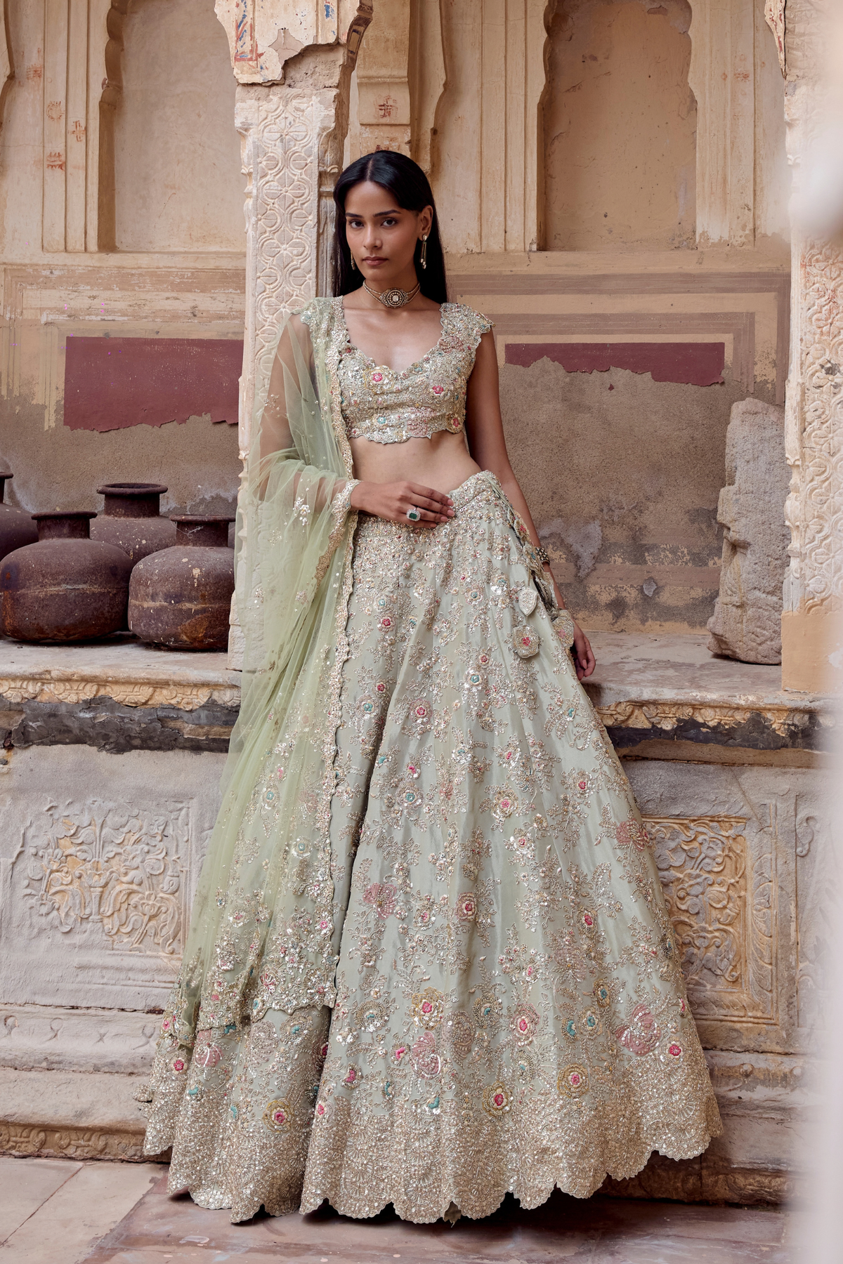 Sage Tissue Embroidered Lehenga Set