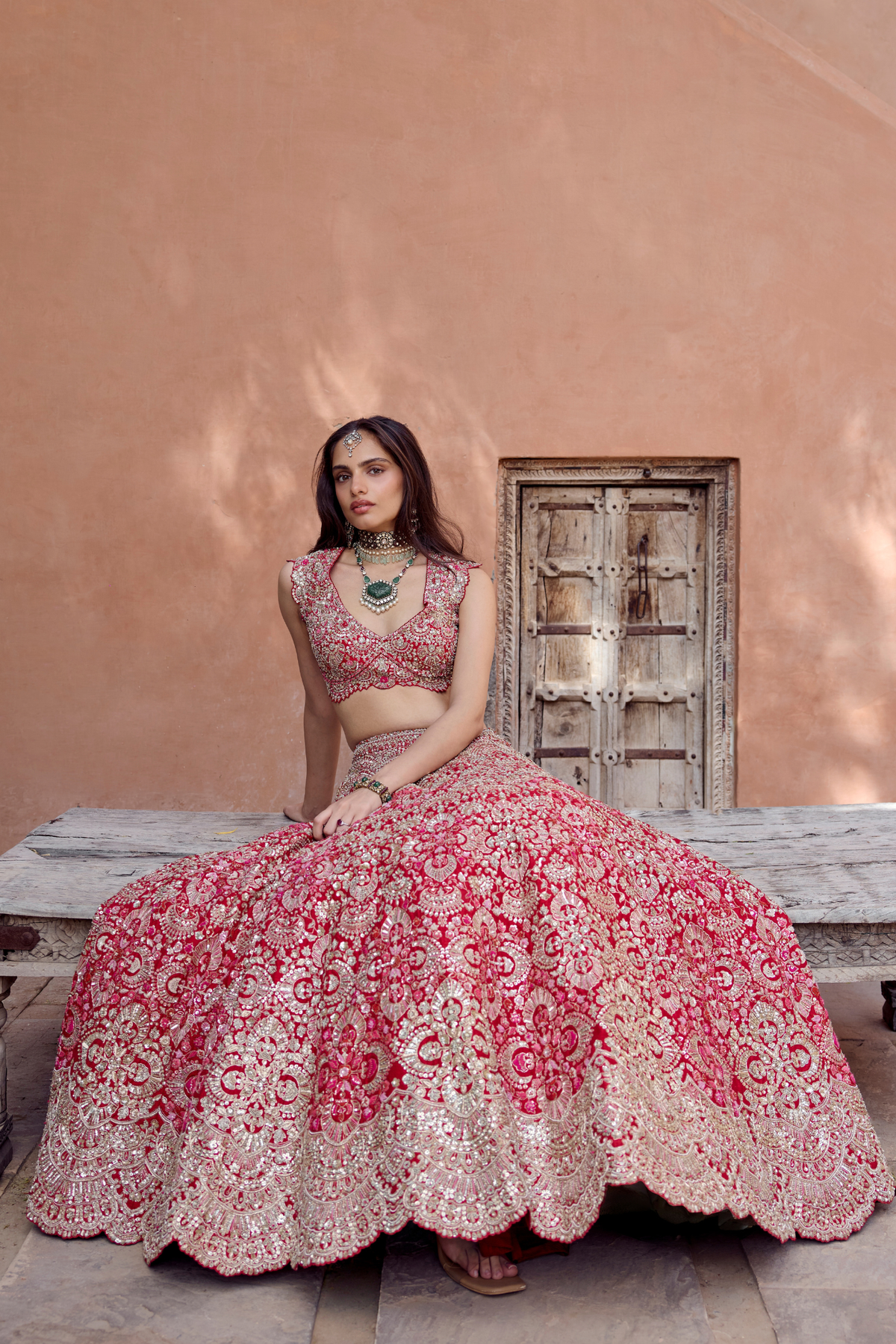 Rosewood Red Embroidered Bridal Lehenga Set