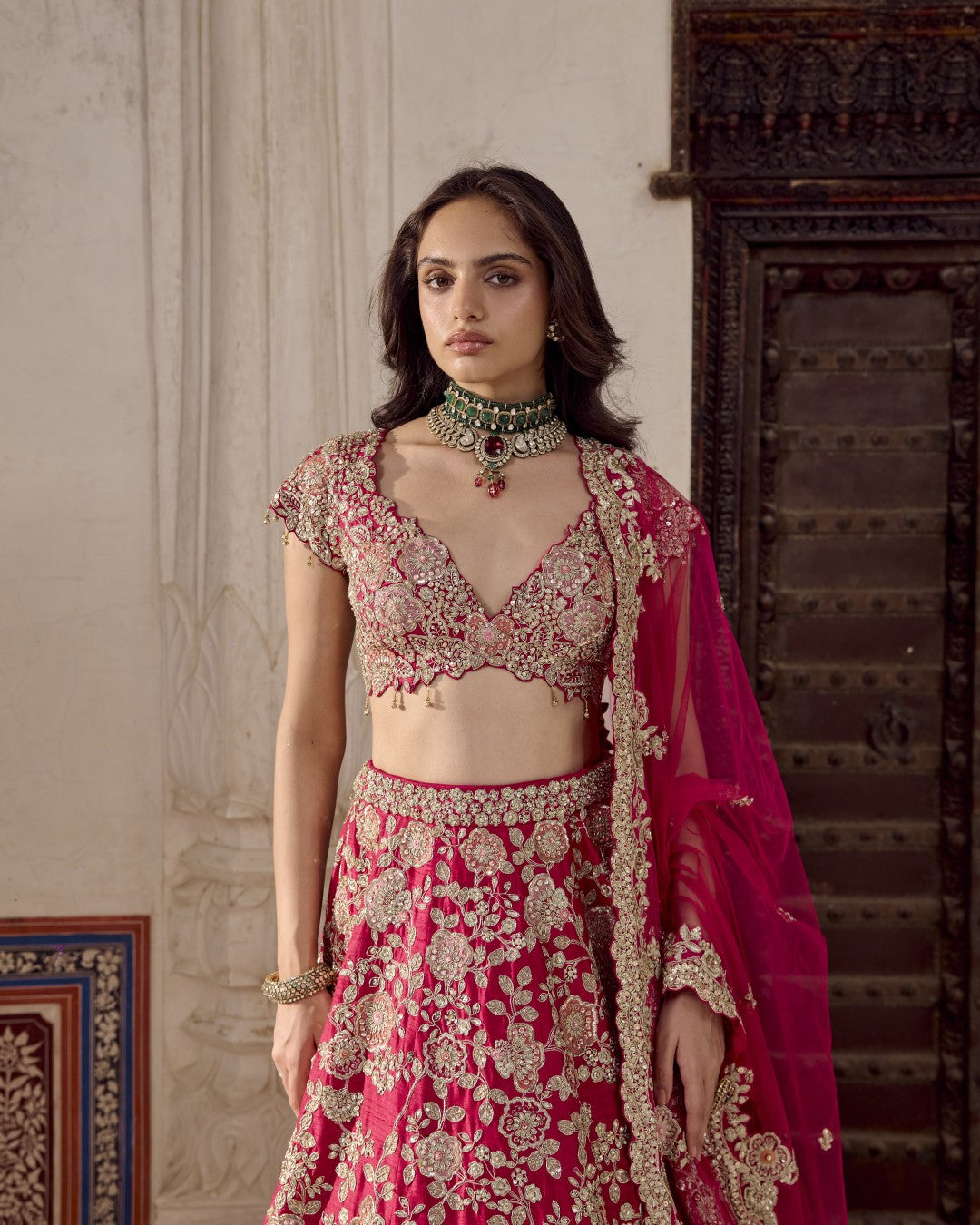 Ruby Pink Embroidered Bridal Lehenga Set