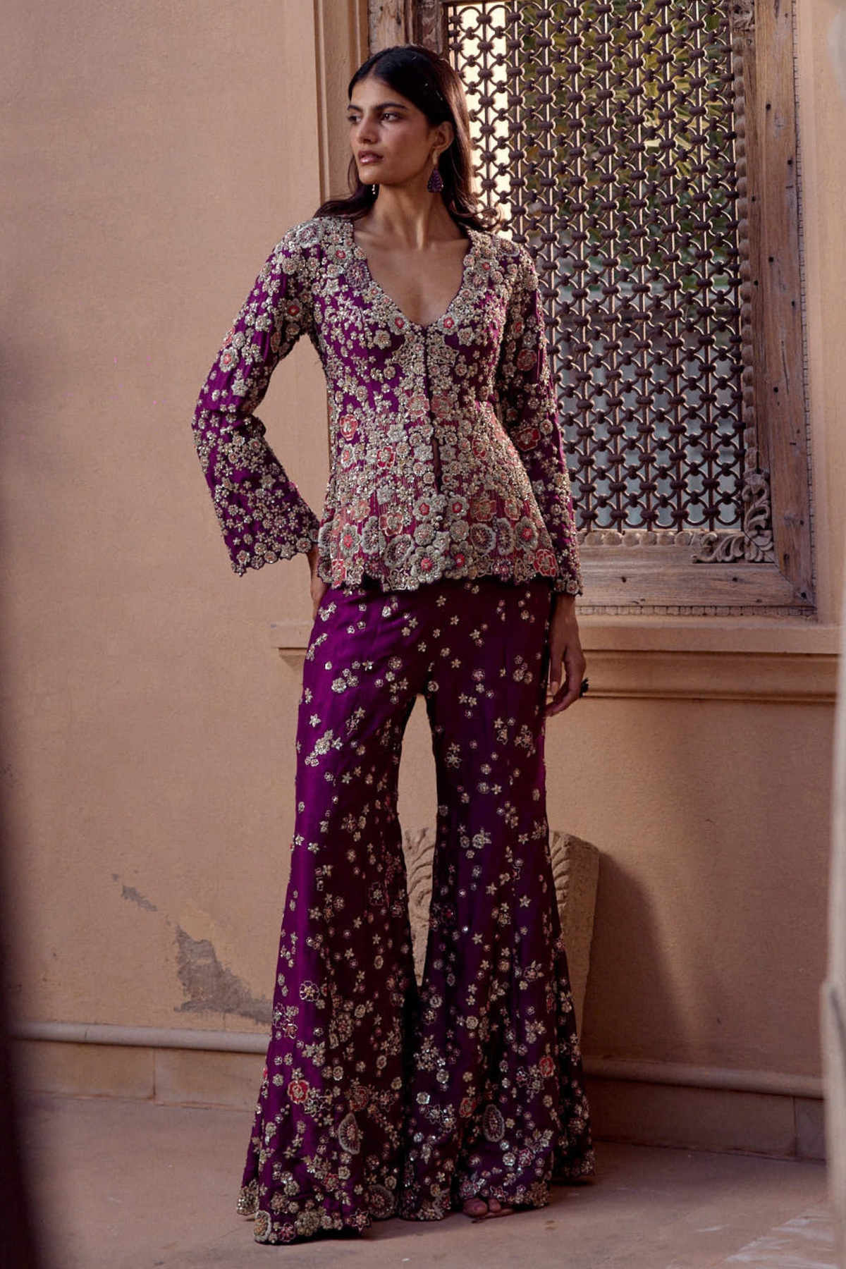 Aubergine Embroidered Jacket & Flare Pant Set