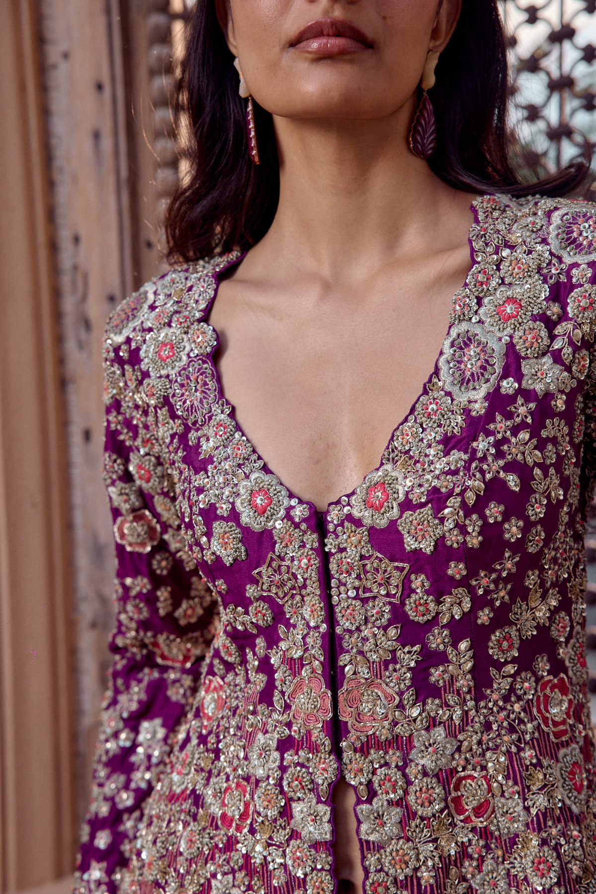 Aubergine Embroidered Jacket & Flare Pant Set