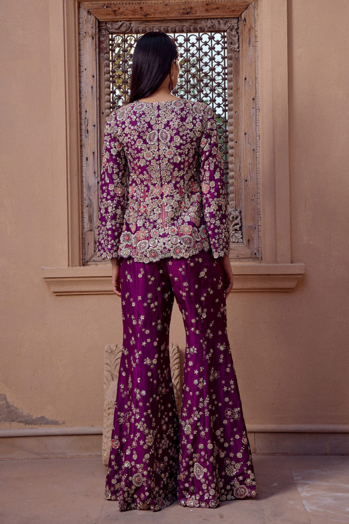 Aubergine Embroidered Jacket & Flare Pant Set