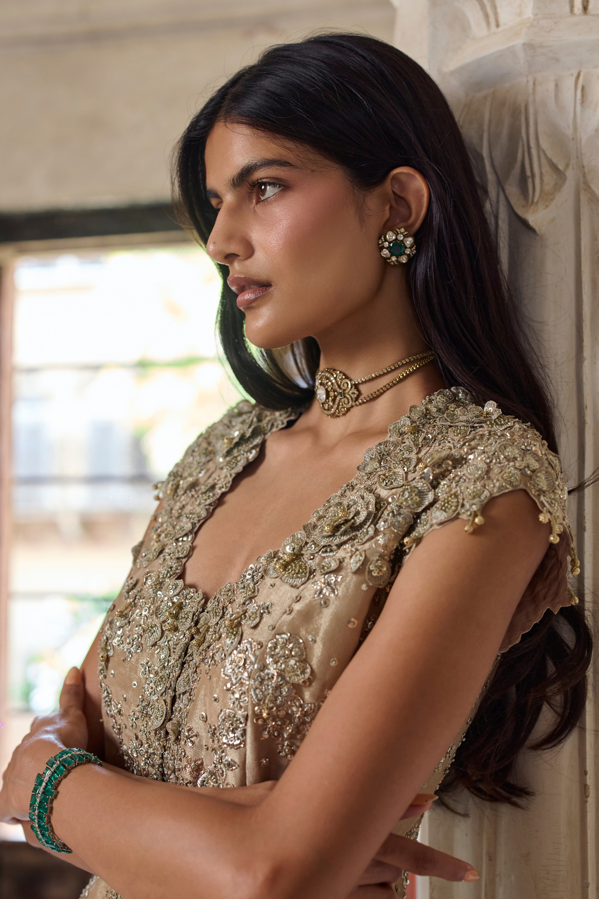 Beige Champagne Embroidered Jacket & Flare Pant Set