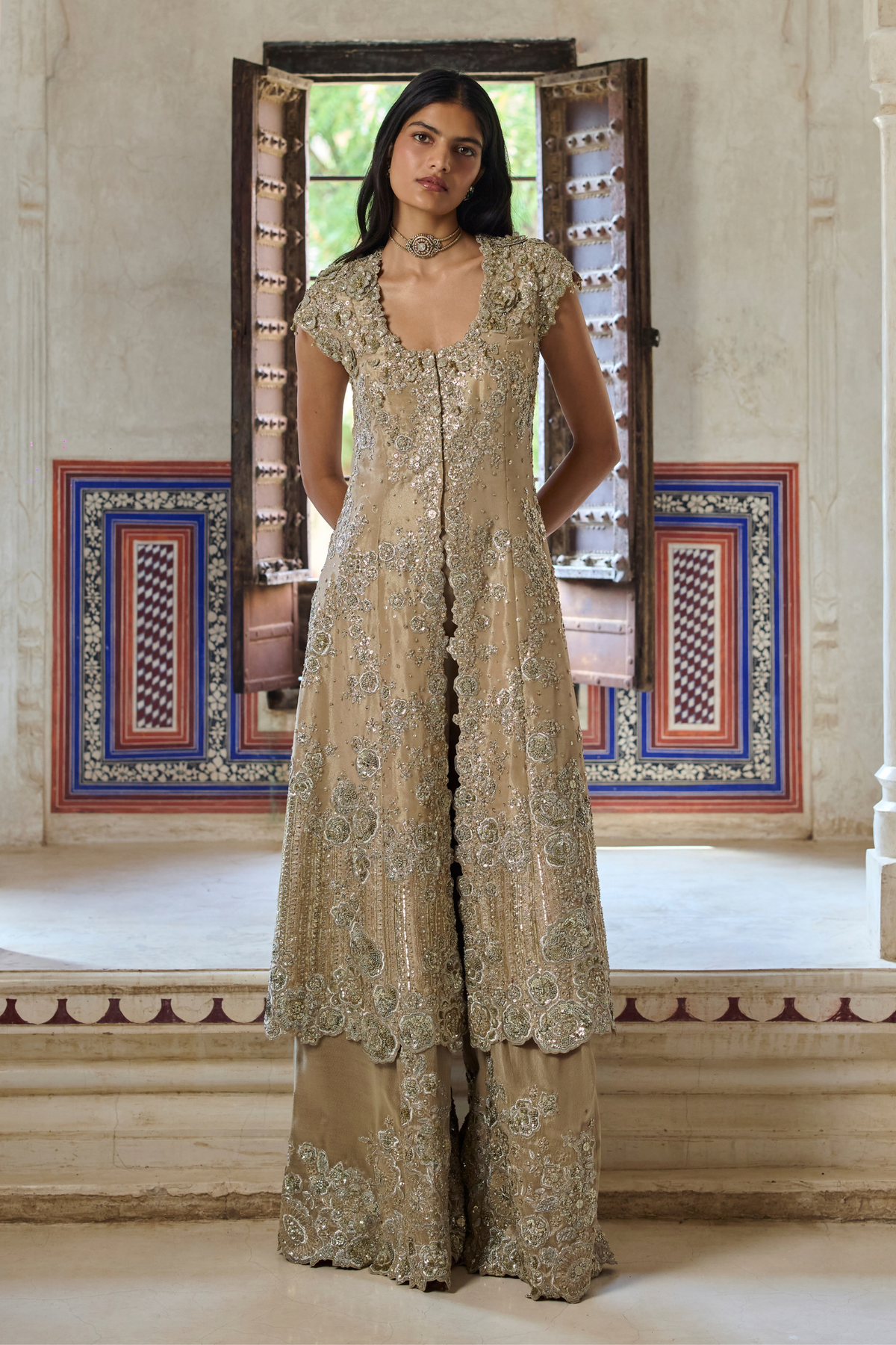 Beige Champagne Embroidered Jacket & Flare Pant Set