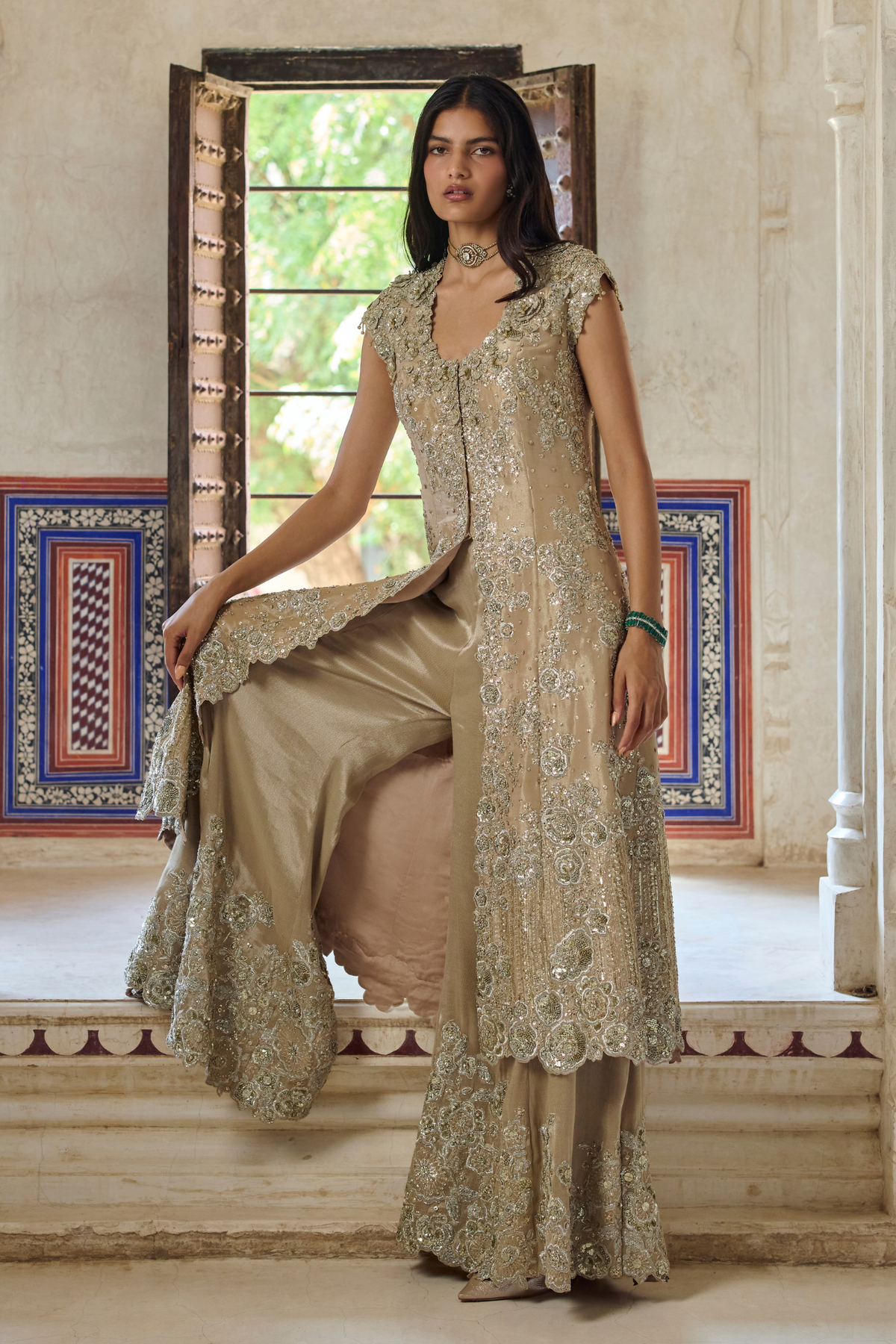Beige Champagne Embroidered Jacket & Flare Pant Set