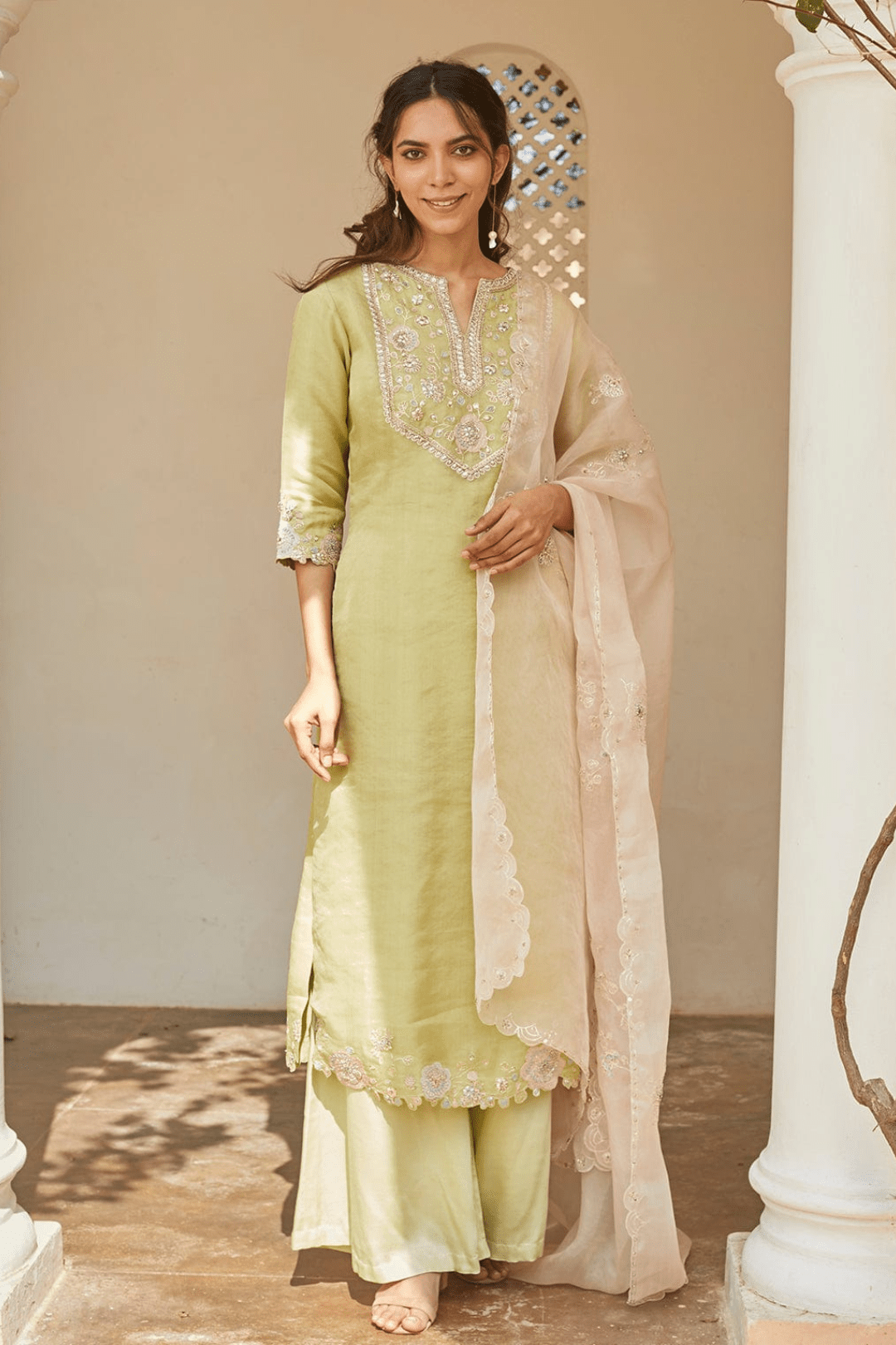 Mist Green Embroidered Kurta and Sharara Set