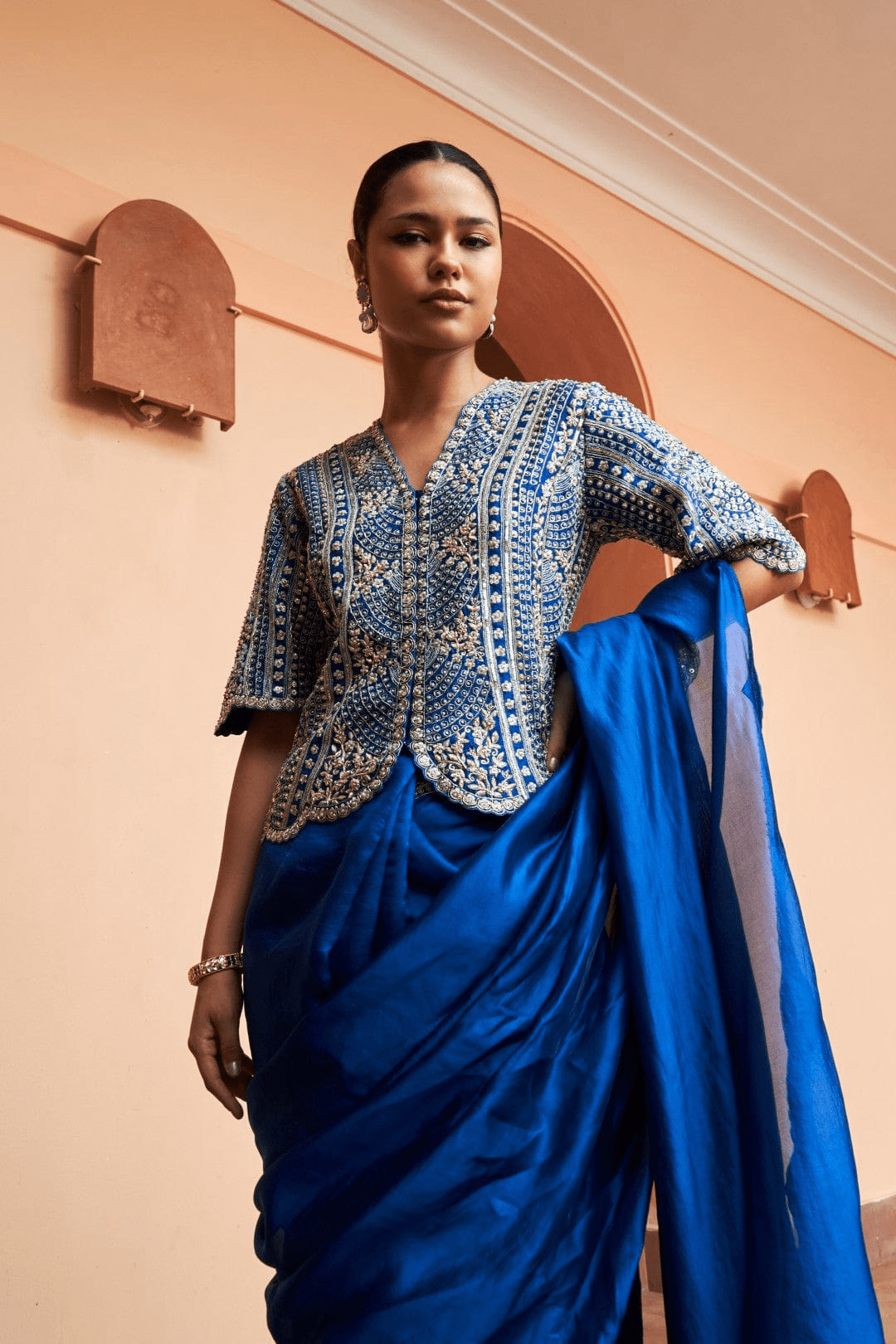 Jade Blue Saree with Embroidered Koti Blouse Osaa by Adarsh