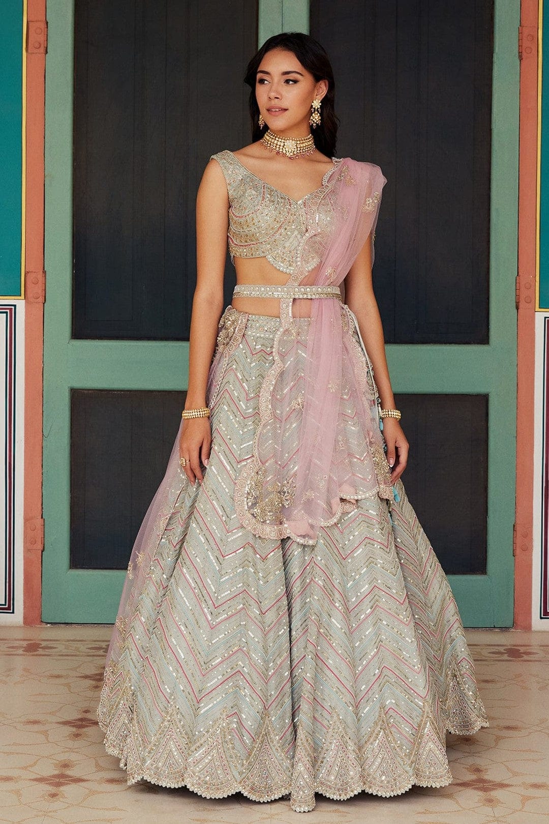 Dove Grey Embroidered Lehenga with Dupatta