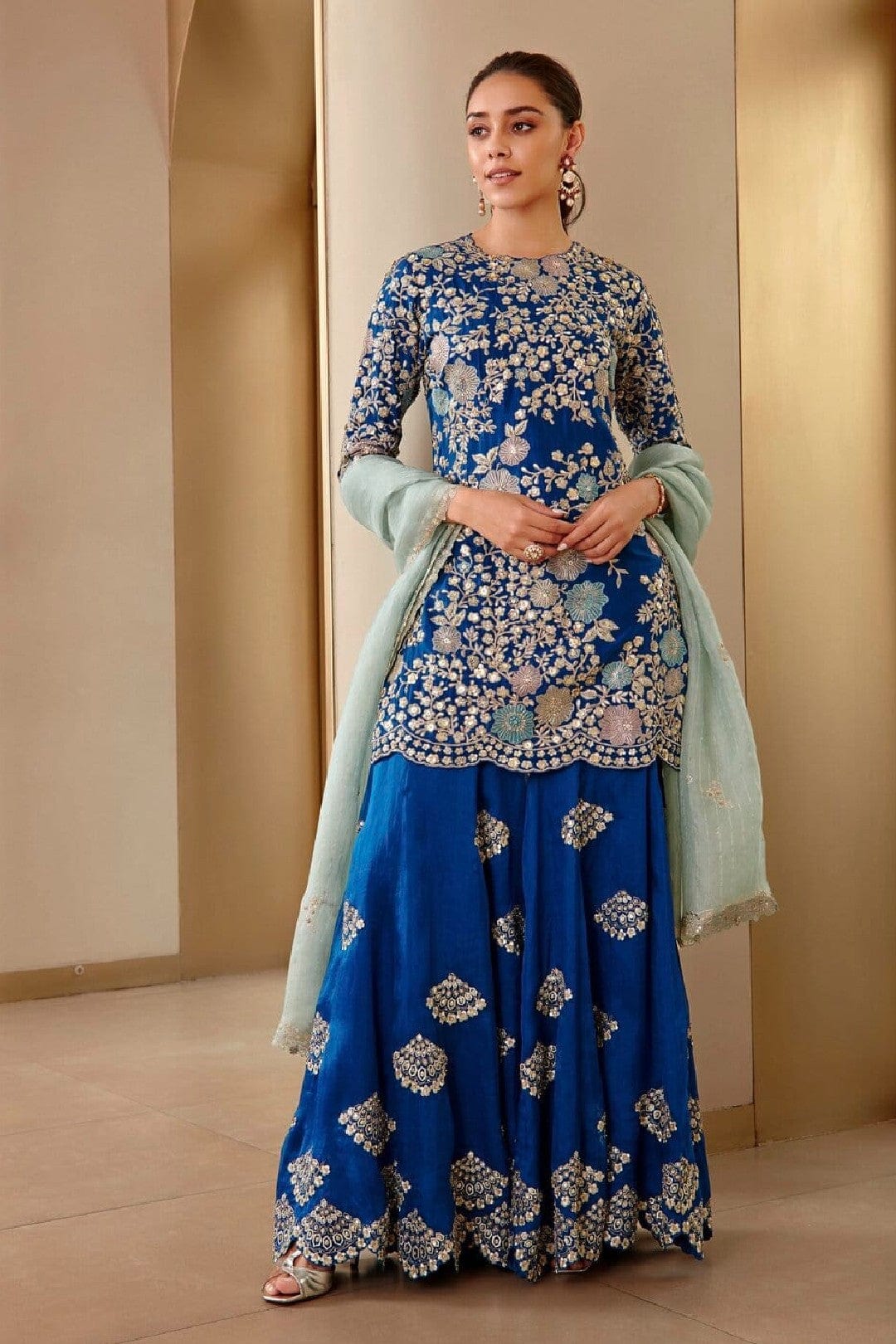 Jade Blue Embroidered Sharara Set