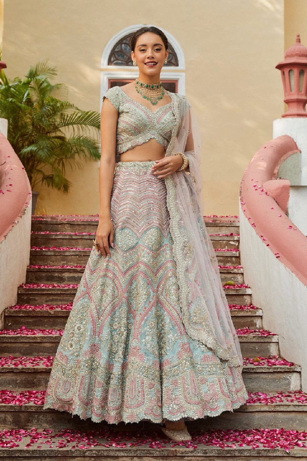 Teal Embroidered Lehenga with Tulle Dupatta
