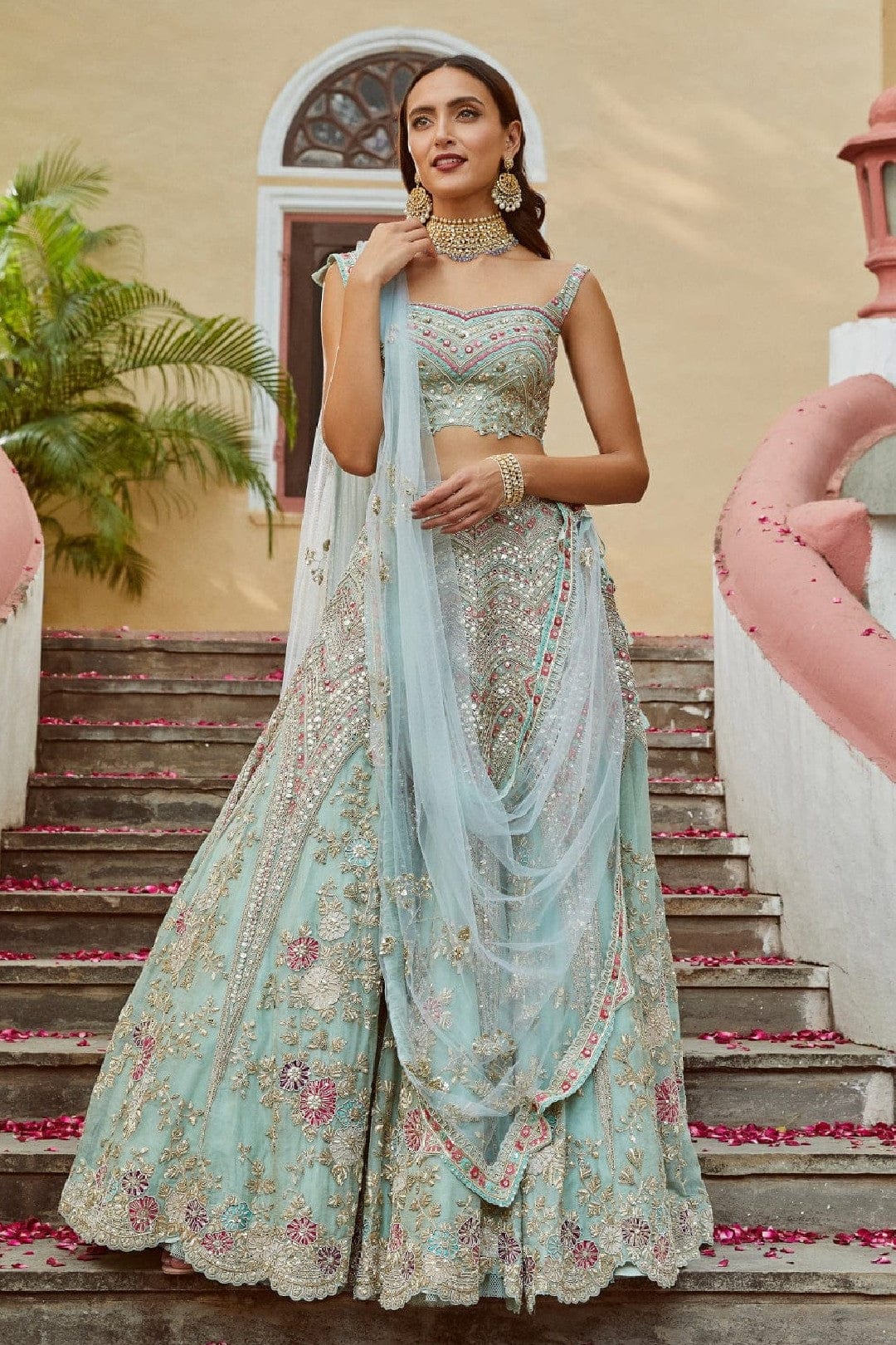 Teal Embroidered Lehenga with Tulle Dupatta