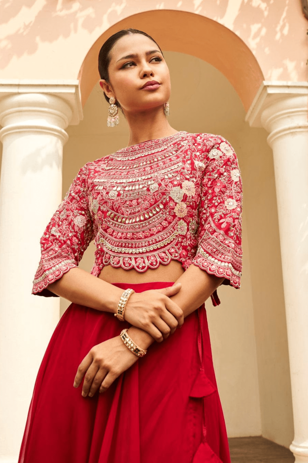 Carmine Red Embroidered Top & Skirt