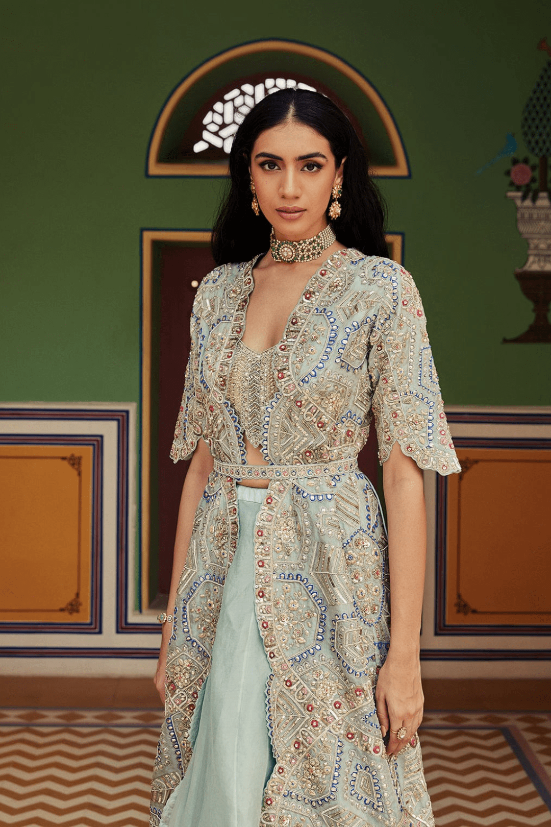 Teal Embroidered Jacket Lehenga Set