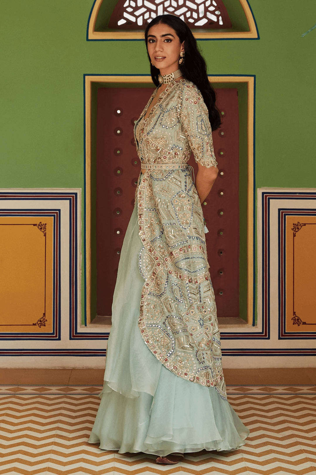 Teal Embroidered Jacket Lehenga Set