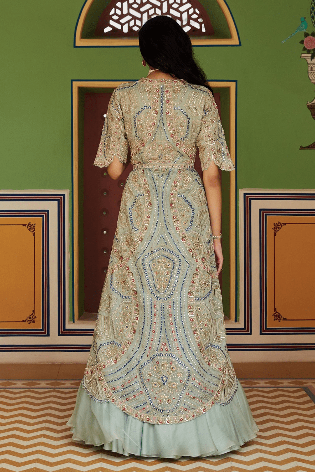 Teal Embroidered Jacket Lehenga Set