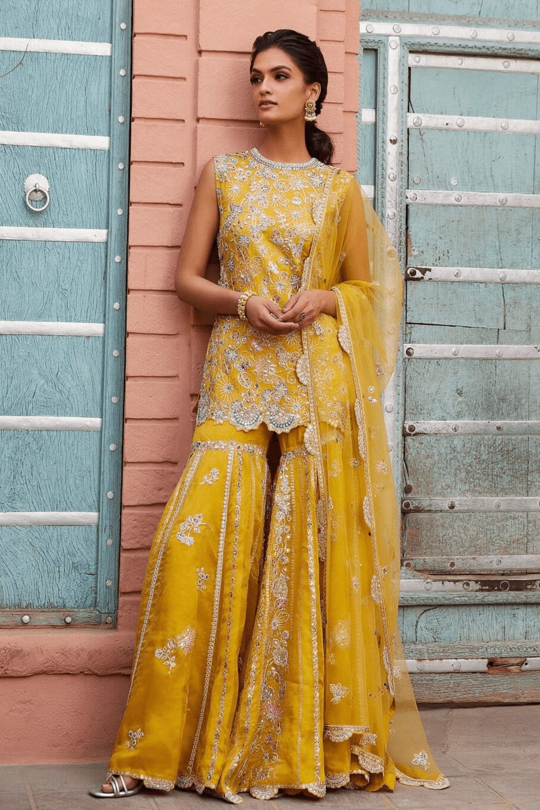 Honey Gold Organza Embroidered Suit
