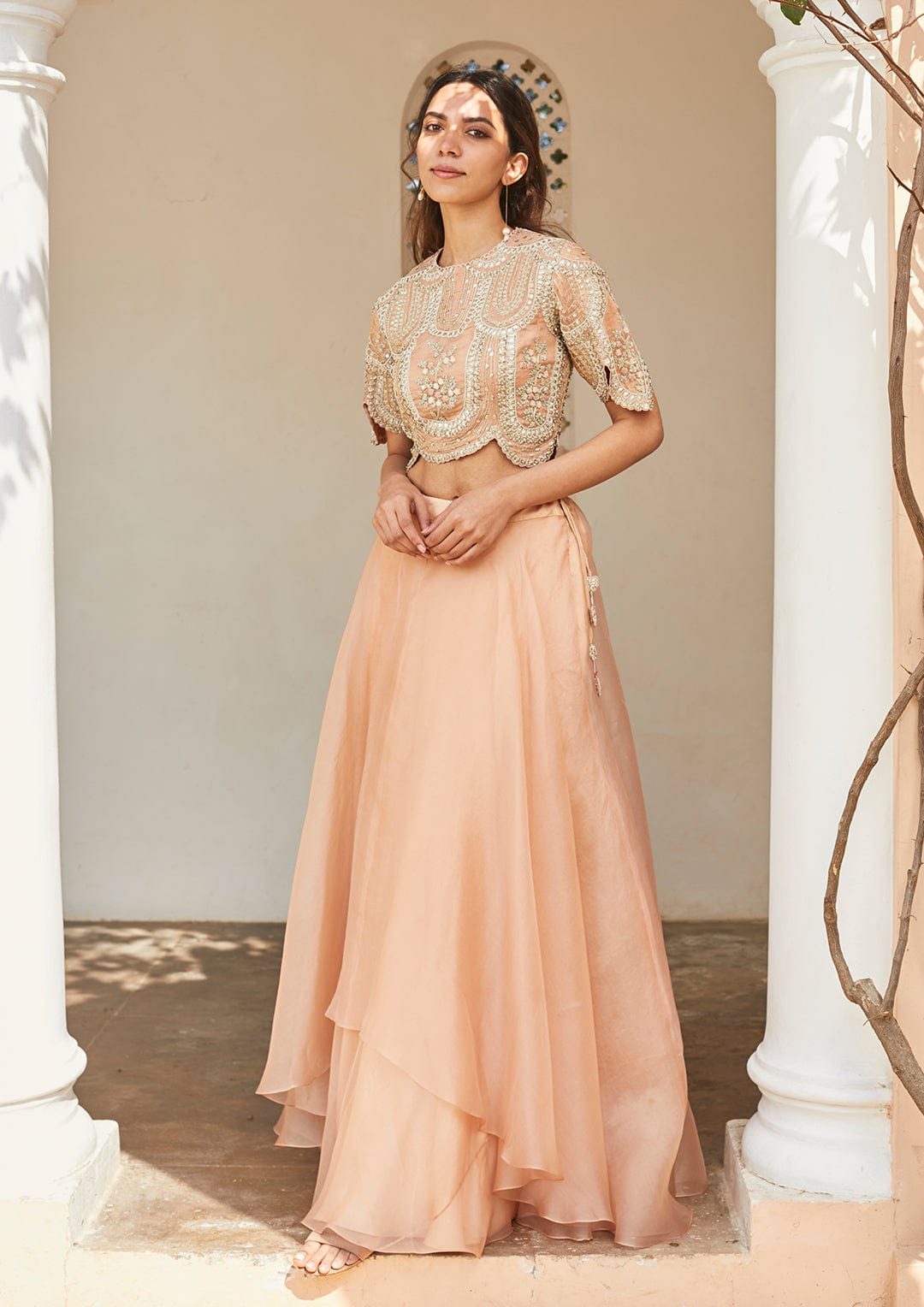 Bahaar Optical Embroidered Crop Top and Skirt