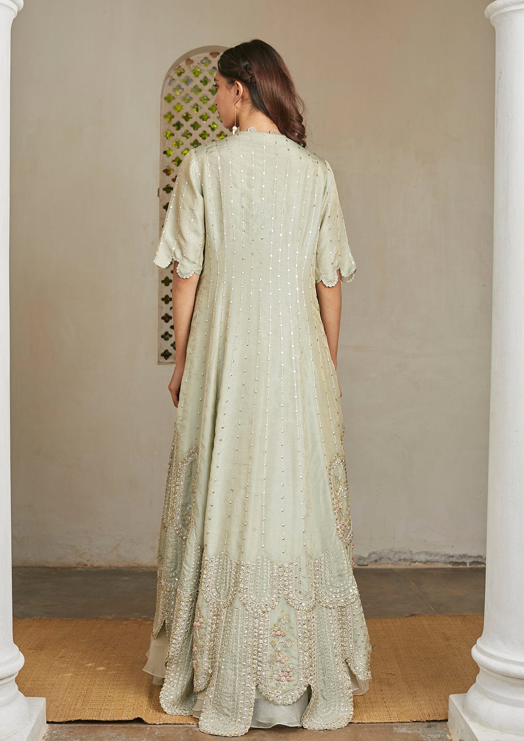 Ivory Optical Embroidered Jacket Lehenga Set