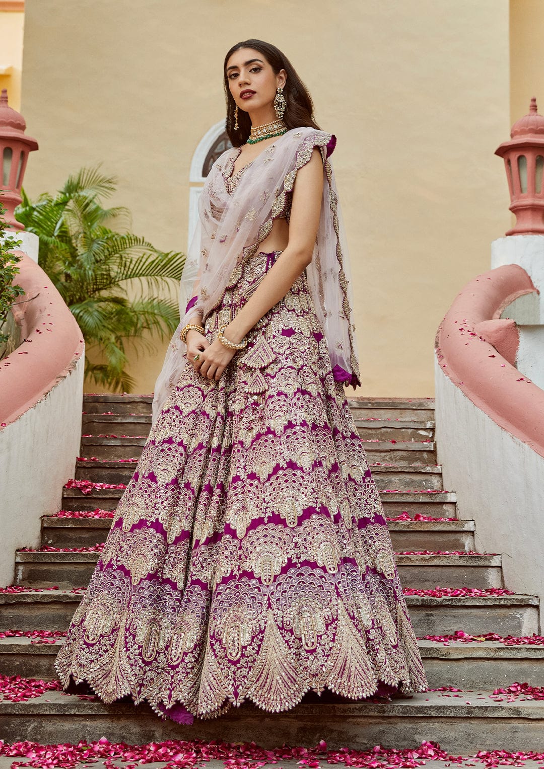 Aubergine Embroidered Lehenga with Tulle Dupatta