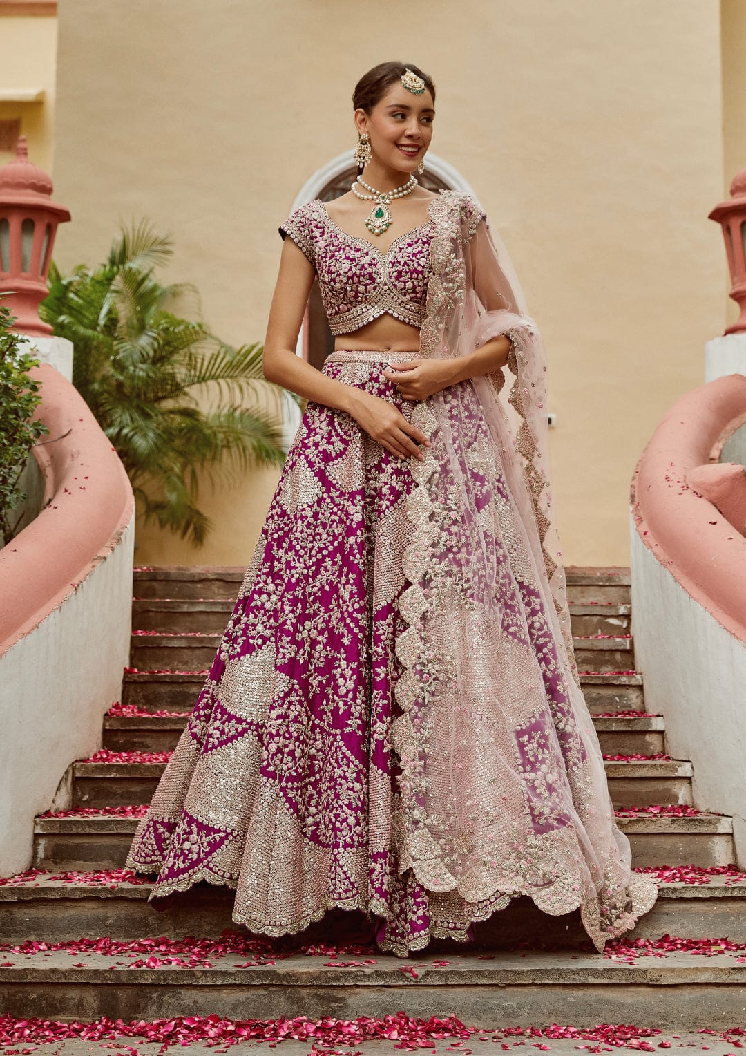Aubergine Embroidered Lehenga with Pale Pink Dupatta