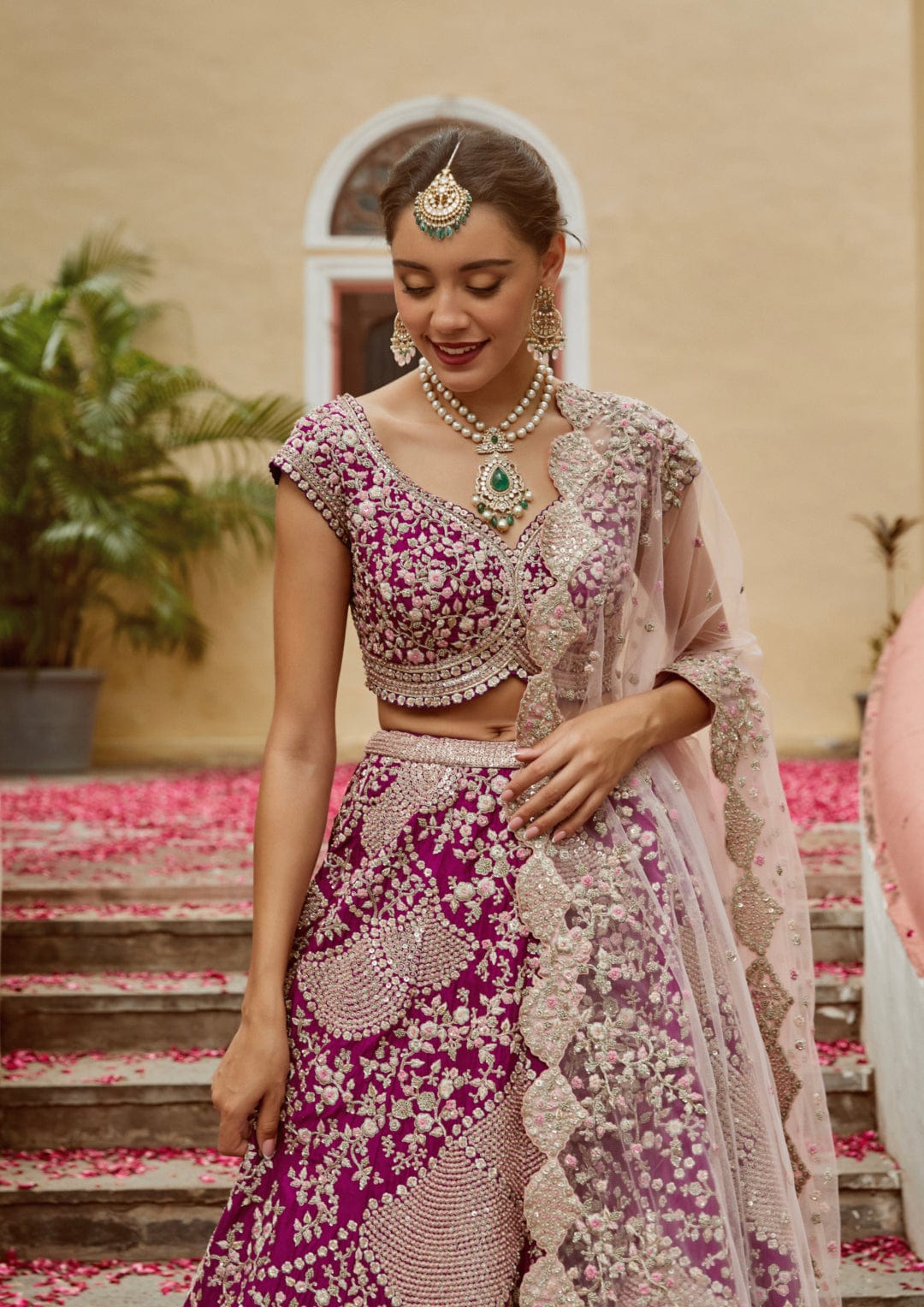 Aubergine Embroidered Lehenga with Pale Pink Dupatta