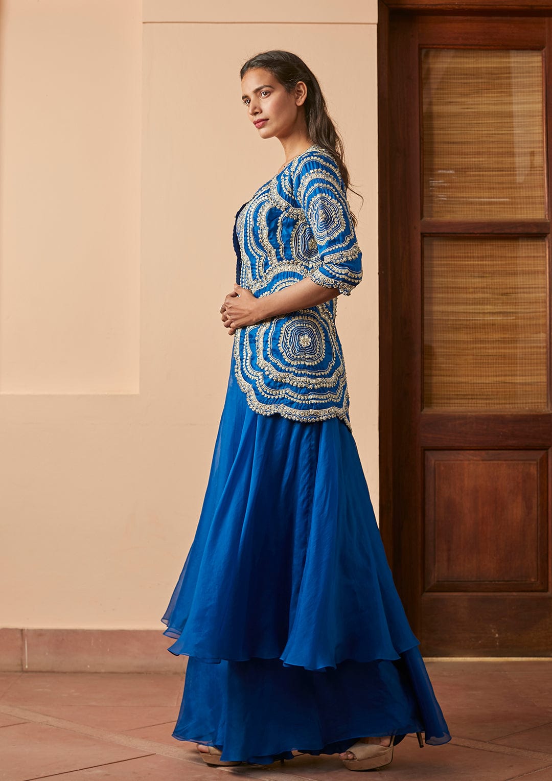 Leher Optical Embroidered Short Jacket Lehenga Set