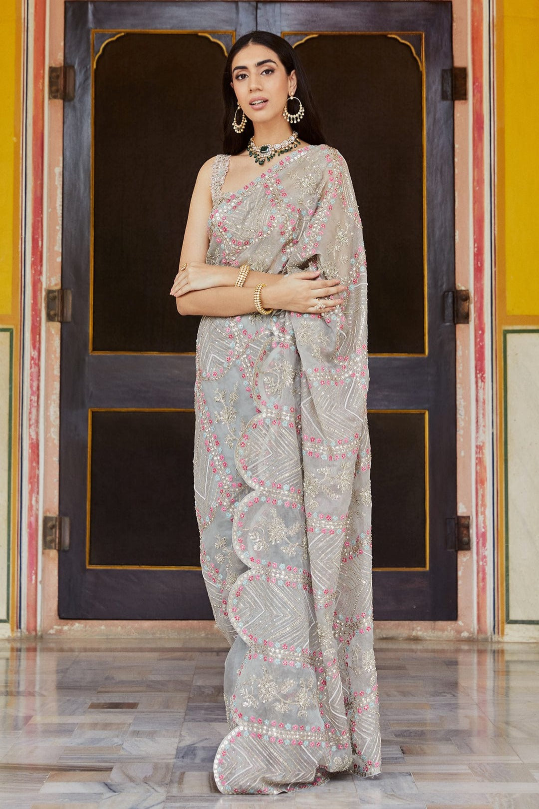 Dove Grey Embroidered Saree