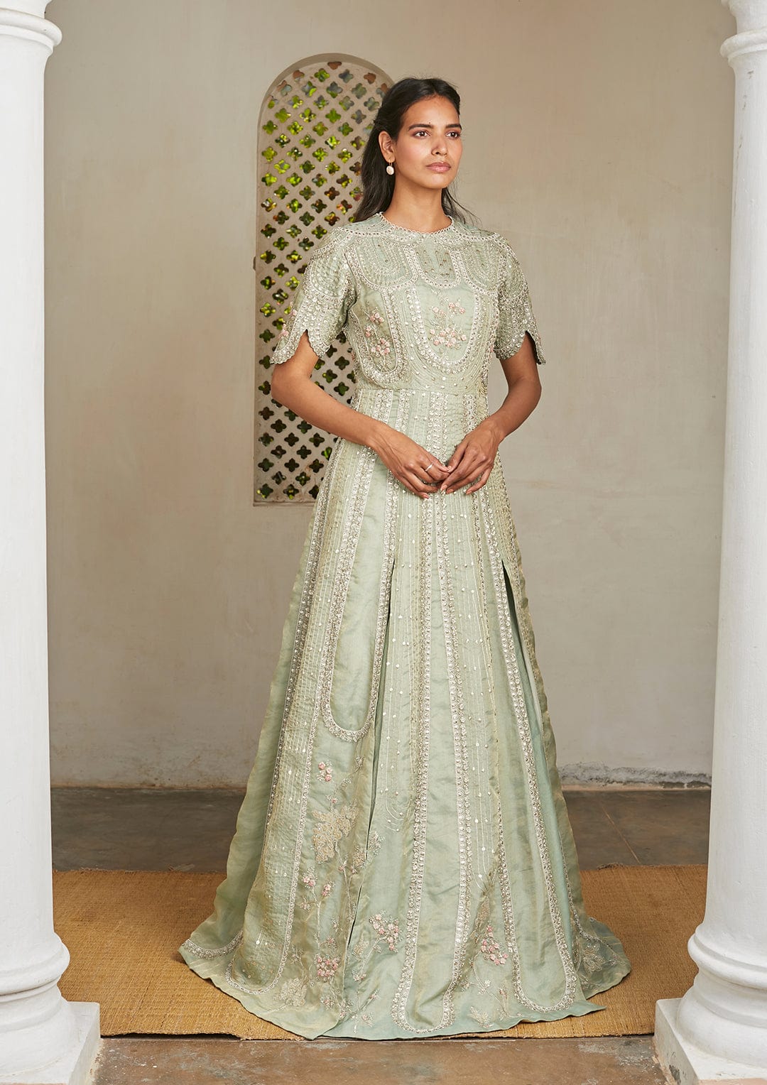 Frost Blue Optical Embroidered Layered Gown