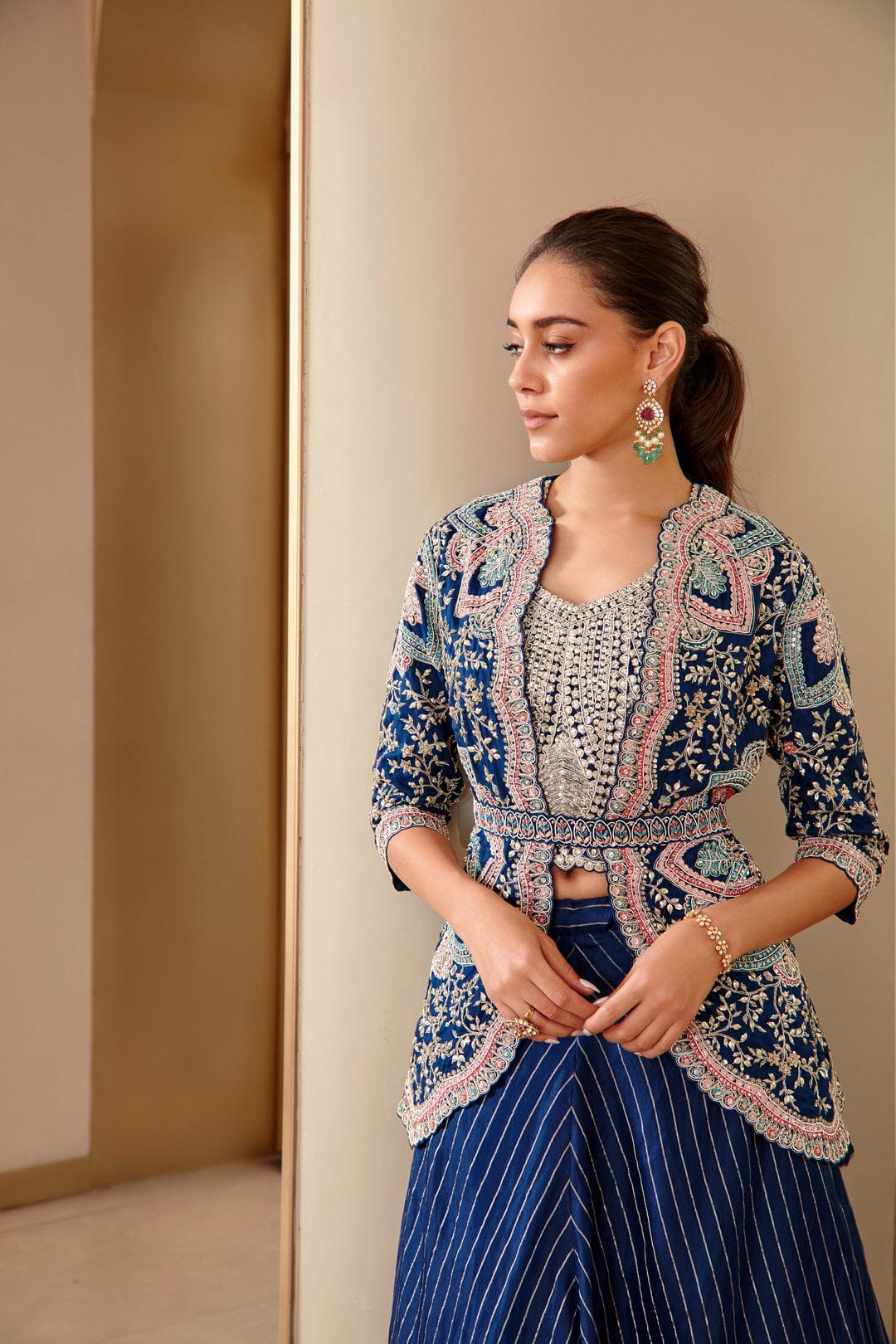 Midnight Blue Embroidered Jacket Set