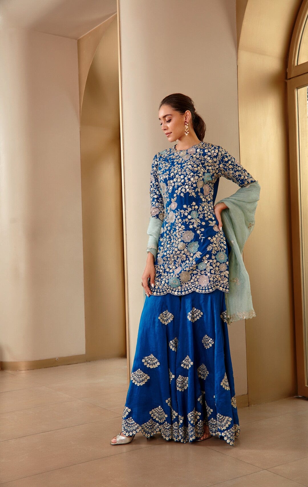Jade Blue Embroidered Sharara Set