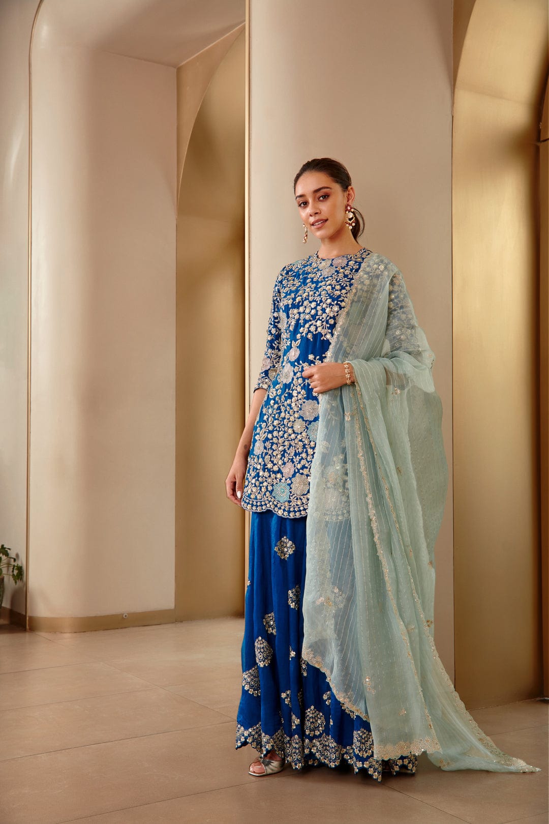 Jade Blue Embroidered Sharara Set